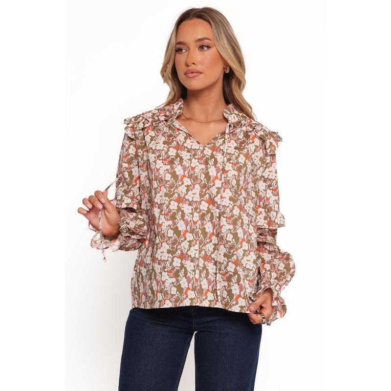 Selmah Long Sleeve Top - Cream Olive Orange