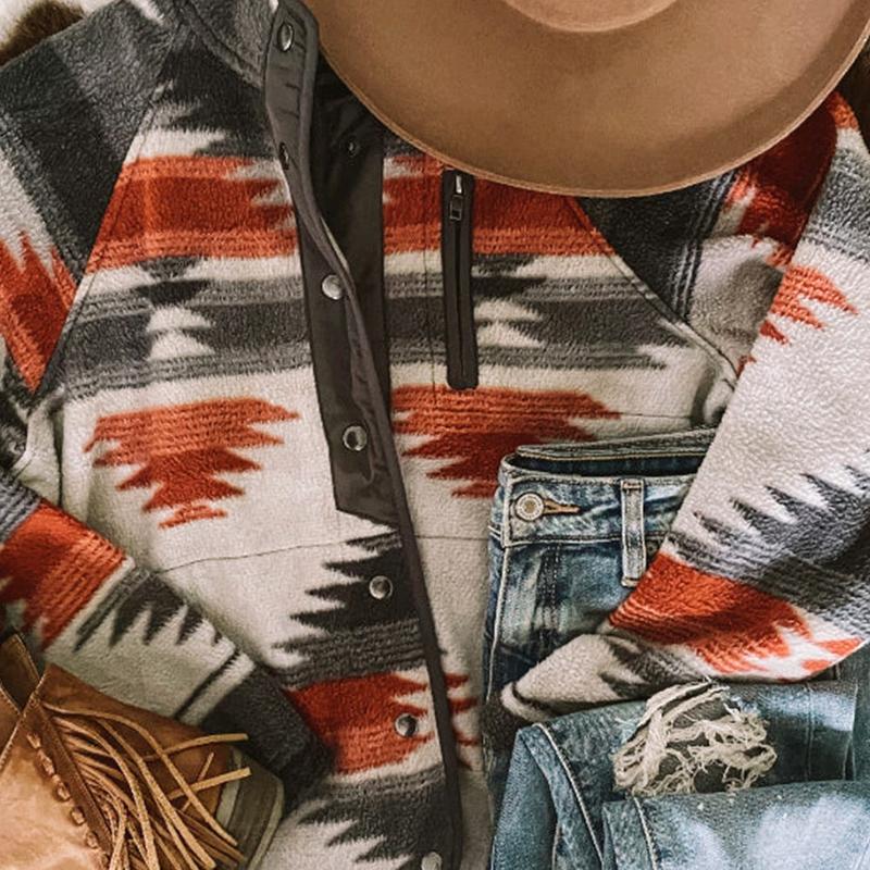 Womens Vintage Fleece Jacket Western Aztec Print Long Sleeve shacket trendy woman puffer  jacket winter  coat