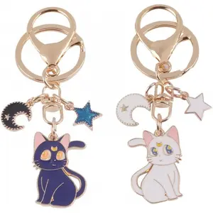 2 Pack Couples Keychain Enamel Moon Cat Pendant Charm Gold Key Ring Women Cute Purse Charms, Cute Couple Friendship Key Chains Anime cat Key Holder