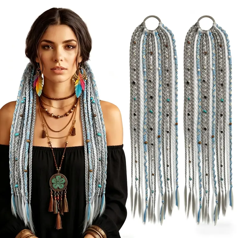 Women's 24" Boho Style Braided Ponytail Extension - 80g PE High-Temp Fiber Holds Braid Form, Chemical Fiber, Viking Dreadlock Beads, Lightweight Natural Synthetic Hairpiece, Baroque Hairstyles Accessory for Festival Wear