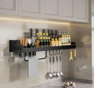 Kitchen Utensil Rack Wall Mounted Spice Spice Rack with Hooks Wall Mount, Stainless Steel, Hanging Storage Wall Shelf for Spatula Spoon, 23.7in Seasoning Jar Organizer(Black)