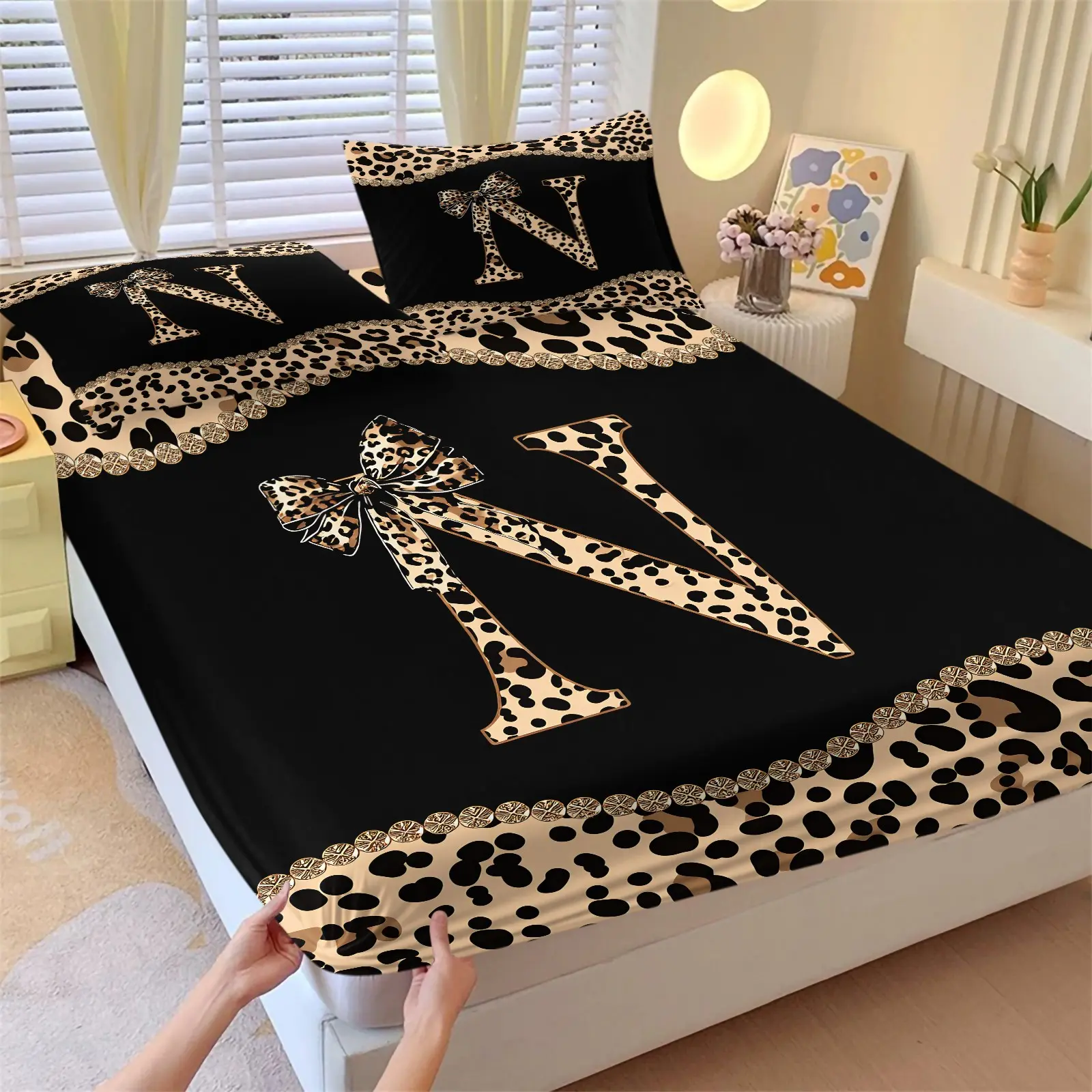 Personalized Initial Letter N Fitted Sheet Set 3 Piece, With 2 Pillow Sham+1 Fitted Sheet, Leopard Print Bedding Bow Cheetah Aesthetic, Soft Deep Pocket Design, 360° fully wrapped, for Girls Teens Bedroom Dorm Decor, Perfect Gift for Leopard Lovers