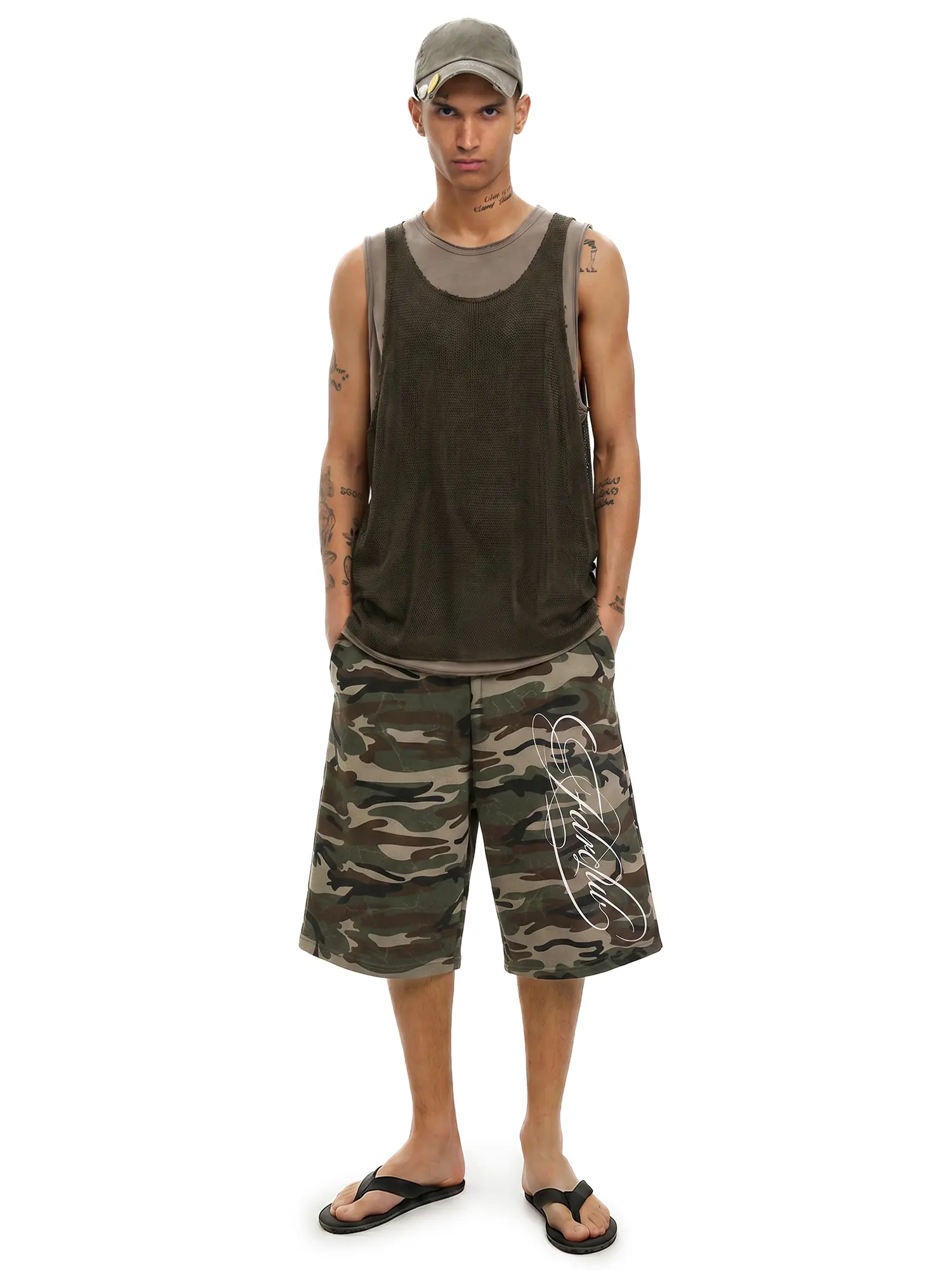 FDR Unisex Embroidered Camo Print Baggy Jorts, Vintage 3/4 Length Wide Leg Shorts, Low Waist Handwritten Graphic, Relaxed Loose Fit Streetwear Bottom for Everyday Wear, Travel and Skate Style