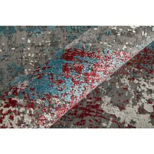 3' X 5' Gray Blue and Red Abstract Power Loom Area Rug With Fringe