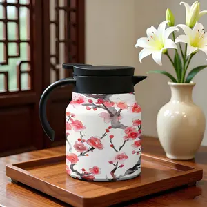 Double-Layer Insulated Coffee Pot with Filter, Plum Pattern Design, Stainless Steel Cup, Summer & Winter Use, Outdoor Travel Gift