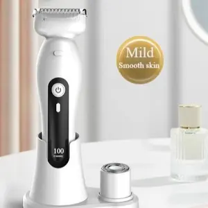 Electric Body Hair Trimmer - Groin Trimmer for Men - Bikini Trimmer Women - Wet/Dry Shaver Groomer, Replaceable Ceramic Blade Heads, USB Recharge Dock, Waterproof Hygiene Razor