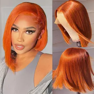 YESWIGS #350 Ginger Orange 13X4 Straight HD Transparent Bob Lace Front Wigs Human Hair Ginger HD Lace Frontal Wig Human Hair Wear and Go Glueless Bob Wig Human Hair Pre Plucked with Baby Hair Short Bob Style Colored Orange Wigs