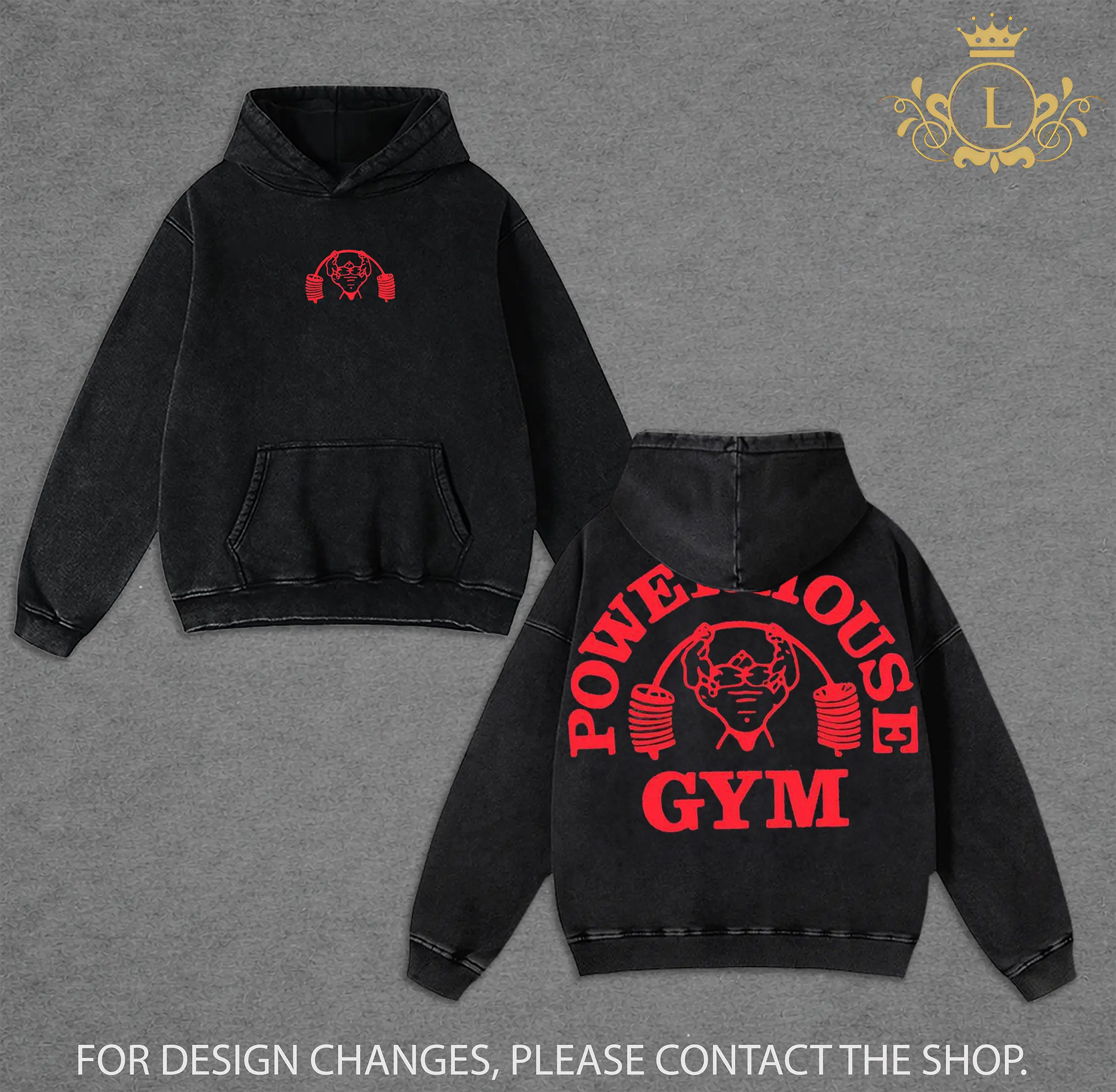 Men'S Heavyweight Hoodie - 100% Vintage Washed Gym | Loose Fit, Wide Shoulder Sleeves, Gorilla World Gym & Powerhouse Gym Graphic Print