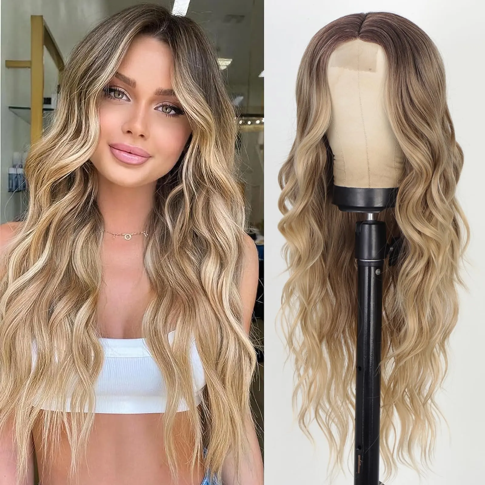 AISI HAIR Long Wavy Brown Synthetic Wig for Women, 26-Inch Heat Resistant Hair with a Natural Middle Part and Scalp for Daily or Party Wear, Gift Ideas, Middle Part Wig, Synthetic Hair