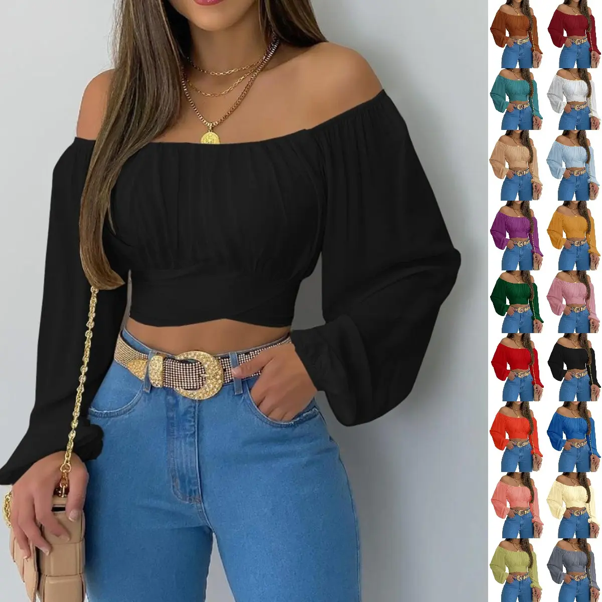 Goranbon Women Off Shoulder Crop Top Ruched Lantern Sleeve Self Tie Dessy Cropped Tee Shirts Casual Elegant