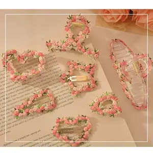 High-end Pink Flower Hairpin For Women 2025 New Sweet Heart-shaped Hairpin Forehead And Side Bangs Hairpin Headwear hair accessory clip Floral Lace Trio Clip Set