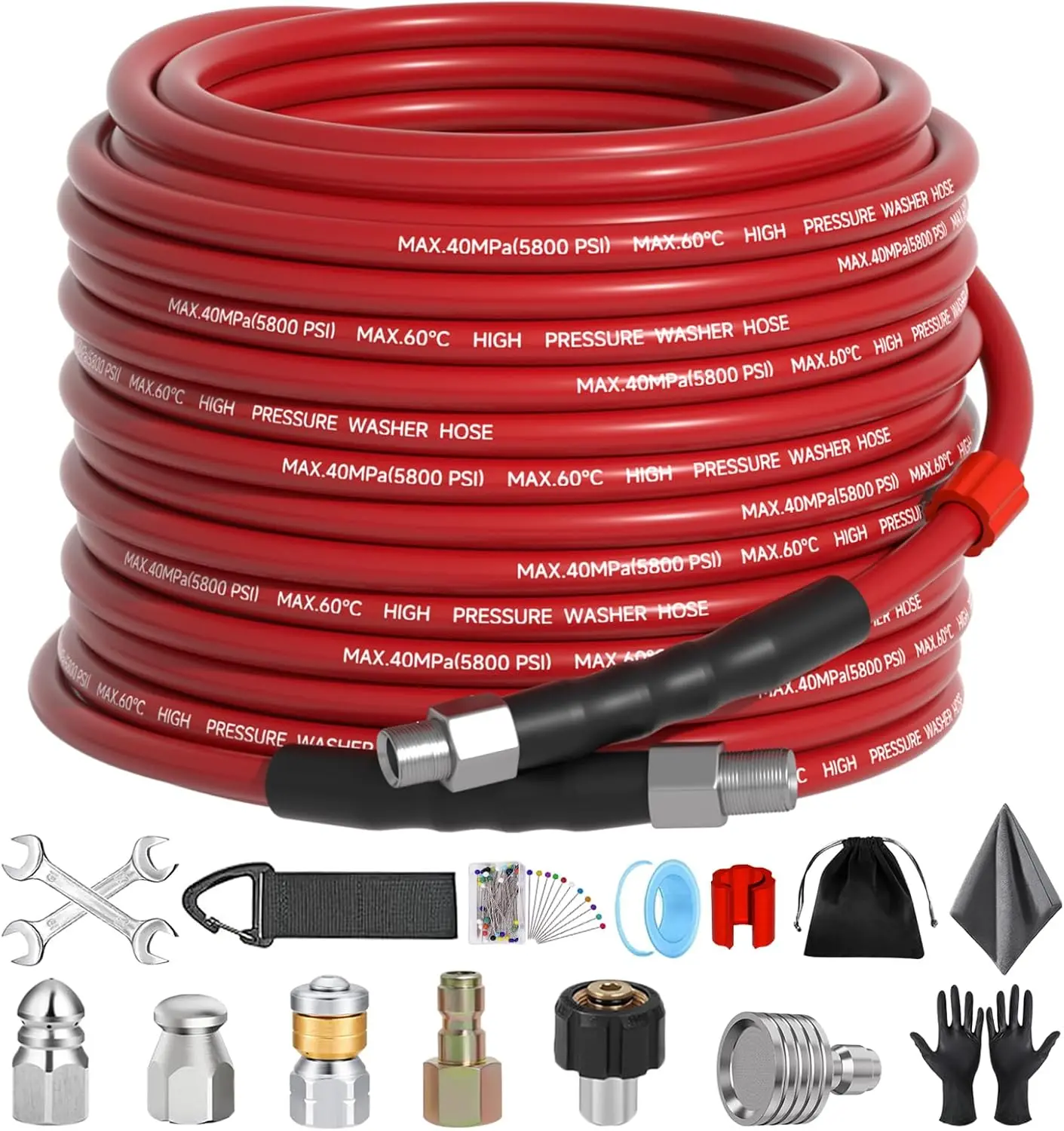 Sewer Jetter Kit 50FT for  Washer, 5800 PSI Drain er Hose 1/4 Inch NPT with Spray Nozzle, Button Nose and Rotating Sewer Jetting Nozzle, Spanner Teflon Tape  Corsage Pin