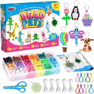 Beads for Crafts, Pony Beads  Making Kit, Bead Pets Art Crafts for  Beginners, Birthday Party DIY Craft for Girls Boys (1500 Bead, 30 Designs)