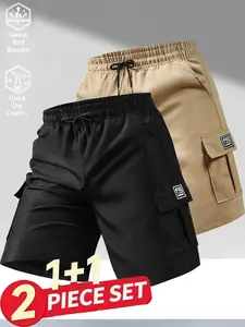 Men's Quick-Dry cargo shorts Set, Outfit, Casual Functional Style, Breathable Fabric, Multiple Pockets, Drawstring Waist, Summer Daily Wear