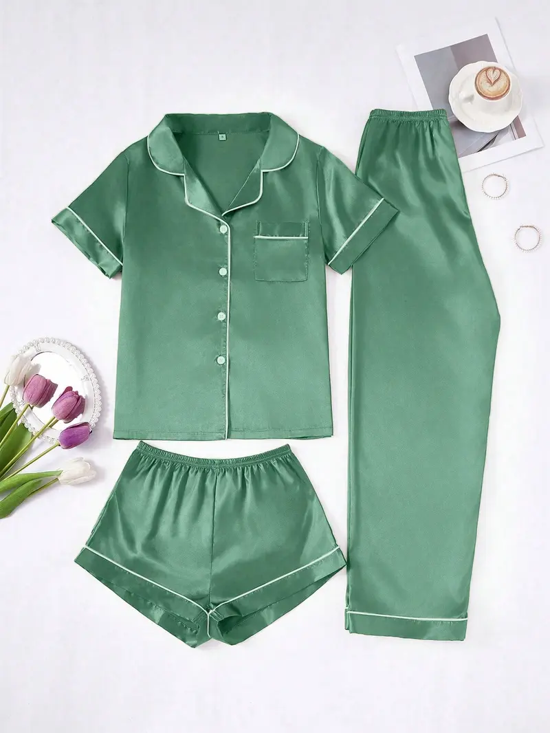 3 PiecesWomen s Contrast Color Trim Solid Color Faux Silk Pajama Set - Dark Green