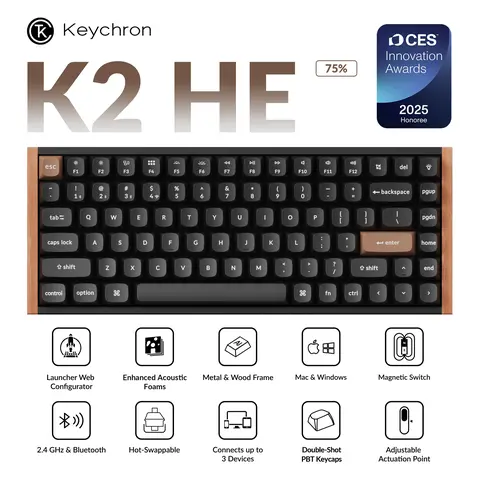 Keychron K2 HE Slim Wireless Mechanical Gaming Keyboard - Magnetic Switch, Rapid Trigger, Gamepad Analog, Adjustable Actuation Point, PBT Keycaps, Enhanced Acoustic Foams, Creamy Finish, Customizable, Natural Rosewood, Gifts for Boyfriend