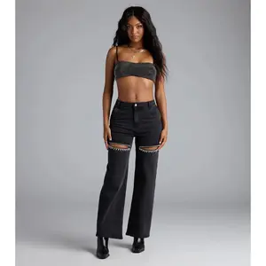 So Obsessed Rhinestone Cutout Straight Leg Denim Jeans