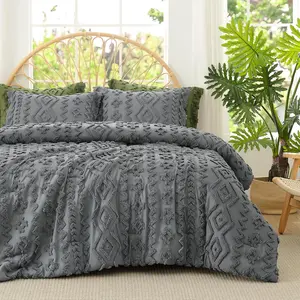 Tufted Boho Comforter Set  Size, 3 count Soft Textured Bed Set, Lightweight Breathable Comforter for  Seasons, Farmhouse Shabby Chic Jacquard Bedding, Cozy  for Women, Grey