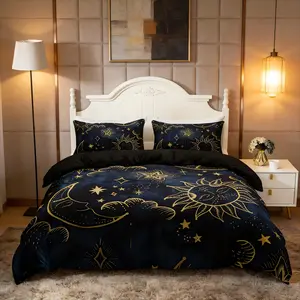 3-Piece Starry Sun Moon Print Bedding Set with Zipper, Comfortable Sheet & Pillowcases, Universal Fit for Bedroom & Guest Room