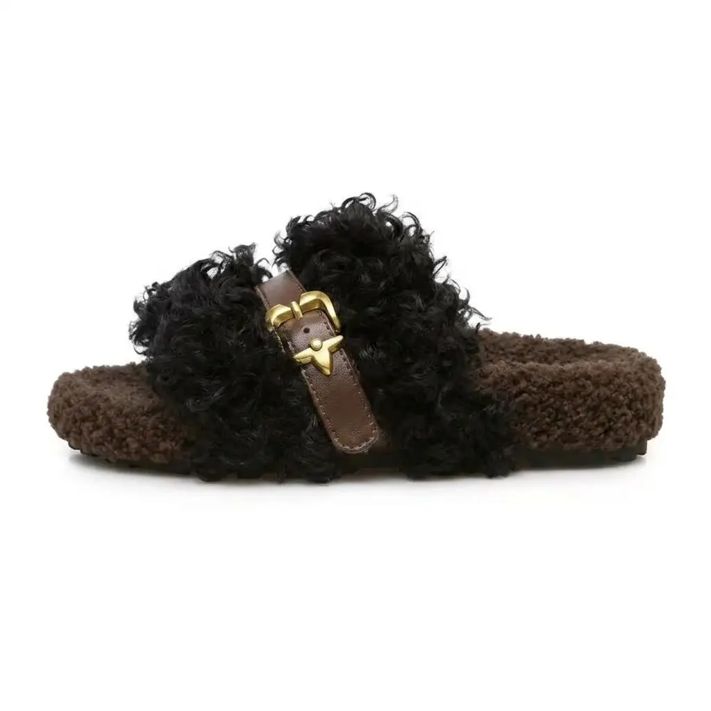 ReneChristine Women Fluffy Open Toe Slide Slippers Adjustable Metal Buckle Casual Winter Flat Slipper