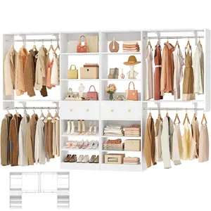 [10 FT Closet System] 120 Inch Reversible Set of 2 Wood Closet Organizer System with 2 Drawers, 4 Hanging Rods Adjustable Shelf, Walk In Closet Organizers with Shoe Rack, Garment Rack