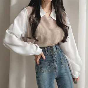 SERACAL V-Neck Polo Collar Top Color Block Ribbed Knit Shirt Fashion-Forward Layered Look Sweater 100% Polyester Structured Ribbed Knit Full Lining