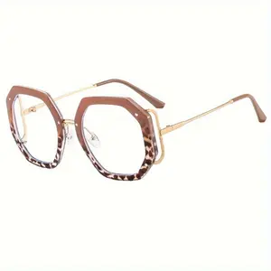 Polygon Glasses For Women Men Vintage Octagon Square Non-prescription Metal Eyeglasses Gaming Reducing Focus Studded Rectangle Shield Glasses
