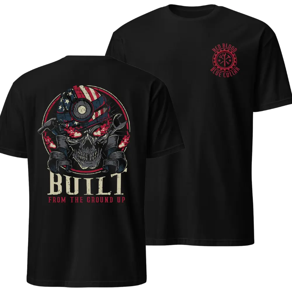 Built From The Ground Up Skull Graphic T-Shirt, Vintage American Flag Design, Soft Cotton Blend Shirt, Firefighter & Blue Collar Apparel for Men & Women, Patriotic Workwear Gift