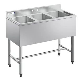 Three Compartment Sink With 18-Gauge 304 Stainless Steel, 10" X 14" X 10" Bowl Size, Three Bay Under Bar Sink With Backsplash And Efficient Drainage, Durable Kitchen Equipment For Restaurants, Food Trucks, And Home Use