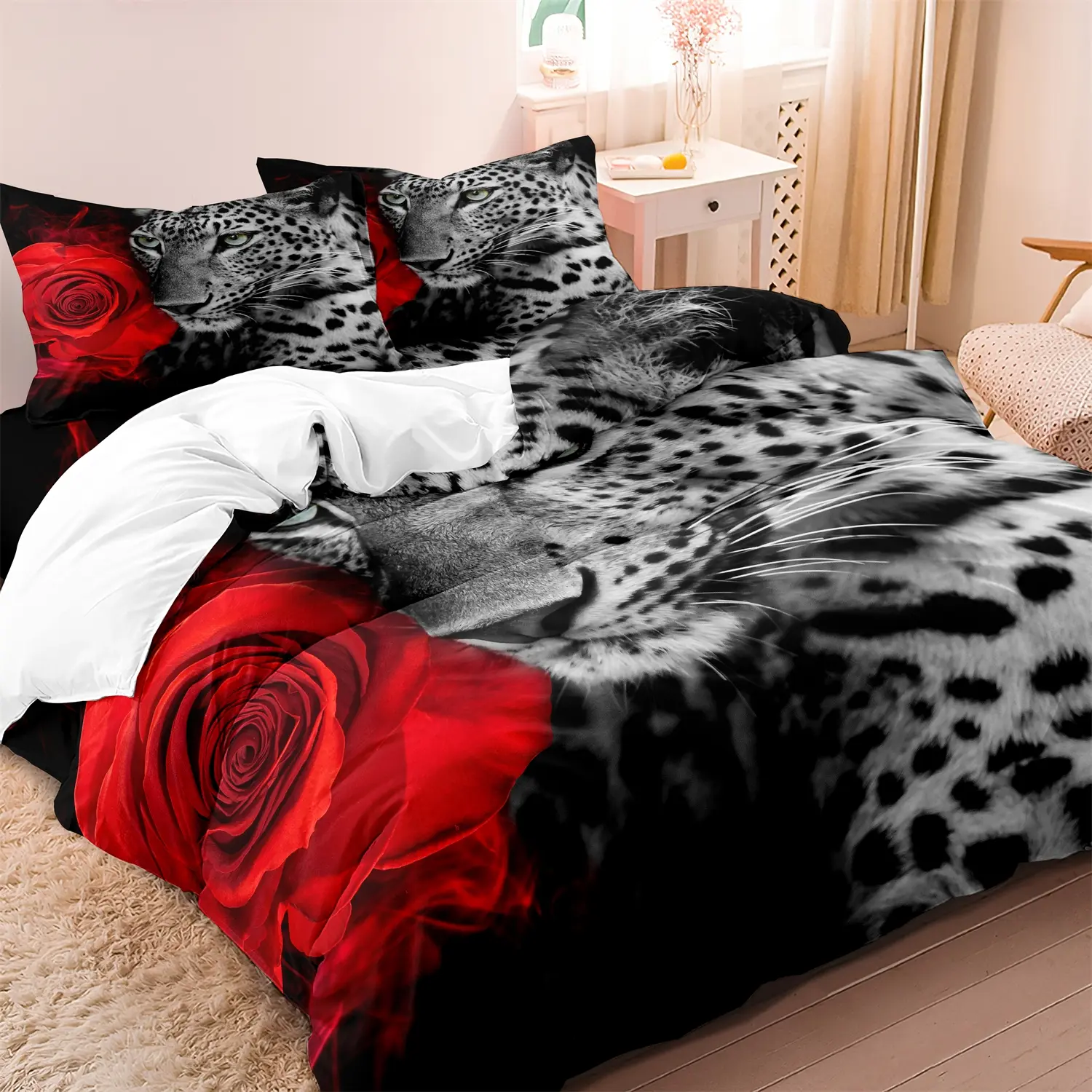 3Pcs Soft and Comfortable Leopard Romantic Rose Print Decorative Comfy Cozy Bedding Set Duvet Cover Set For Bedroom, Guest Room, Hotel, and Dorm Decor - Includes 1 Duvet Cover and 2 Pillowcases (Core Not Included)