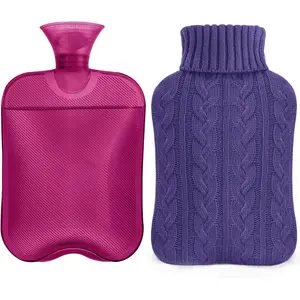 Hot Water Bottle with Knitted Cover, 2L Hot Water Bag for Hot and Cold Compress, Hand Feet Warmer, Ideal for Menstrual Cramps, Neck and Shoulder Pain Relief, Purple
