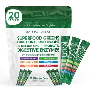 Optimal Human Superfood Greens Powder – 90+ Ingredient Blend with Lion’s Mane Supplement, Ashwagandha & Turmeric – Non-GMO, Soy-Free, Mushroom Supplements for Women – 20 Sachets