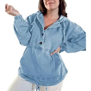 Women's Denim Hoodie Jacket Lightweight Button Up Jean Pullover with Drawstring Hood Casual Long Sleeve Sweatshirt Cotton Chic Elastic Everyday Wear Fitted Basic Minimalist Style Tops W Piece omenswear Leggings Breathable Pocket Womenswear Shorts