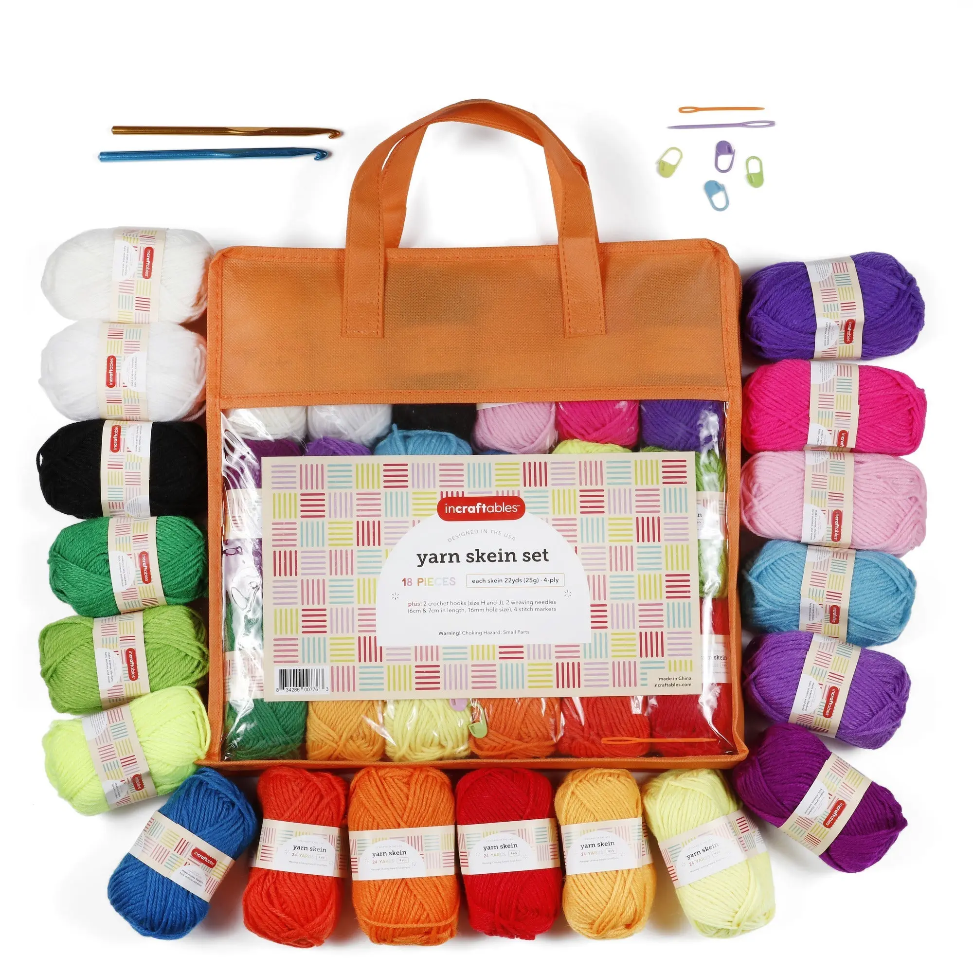 Incraftables Assorted Acrylic Yarn Skeins Set. Crochet Yarn Set w/ 18pcs Skein Bundle (22 Yards), Crochet Hooks, Needles, Stitch Markers & Bag. Yarn Variety Pack Kit for Amigurumi & Crocheting Project