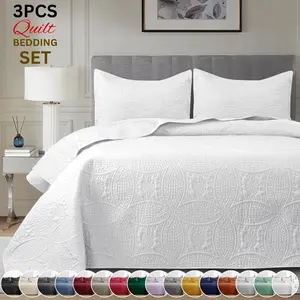 3 Pcs Quilted Bedspread Bedding Set Reversible Microfiber Coverlet with Pillow Shams for Summer - Lightweight Embossed Design Smooth & Skin Friendly Quilts Modern Style Coin Pattern Bedspreads Washable (1 Quilt, 2 Pillow Shams) Best For Gift