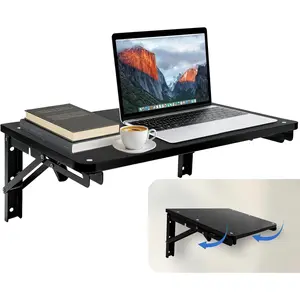Folding Shelf Wall Mounted for Small Space, Wooden Wall Table for Living Room Bedroom Decor, Office Floating Fold Down Desk, Media Shelves with Heavy-Duty Brackets, 21.7Inches Black