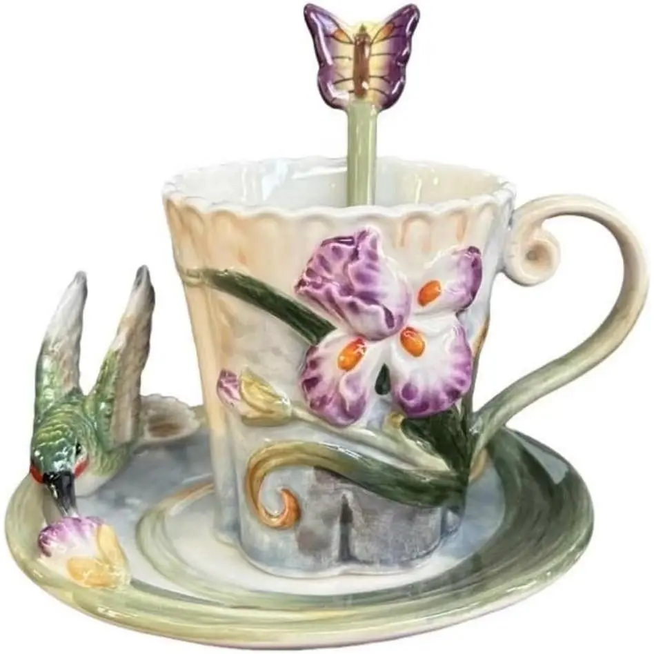 6oz BPA-Free Ceramic Cup & Saucer Set - Handcrafted 3D Hand-Sculpture Butterfly Flower Motif Art Deco Drinkware, Hummingbird Saucers, Butterfly Spoon Included, Perfect Mug Gift for Women