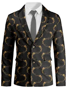 Men's Bottom Gold Flower Ring 3D Digital Print Blazer Jacket, Single Breasted Slim Fit Lapel Suit, Casual Business Banquet Wear