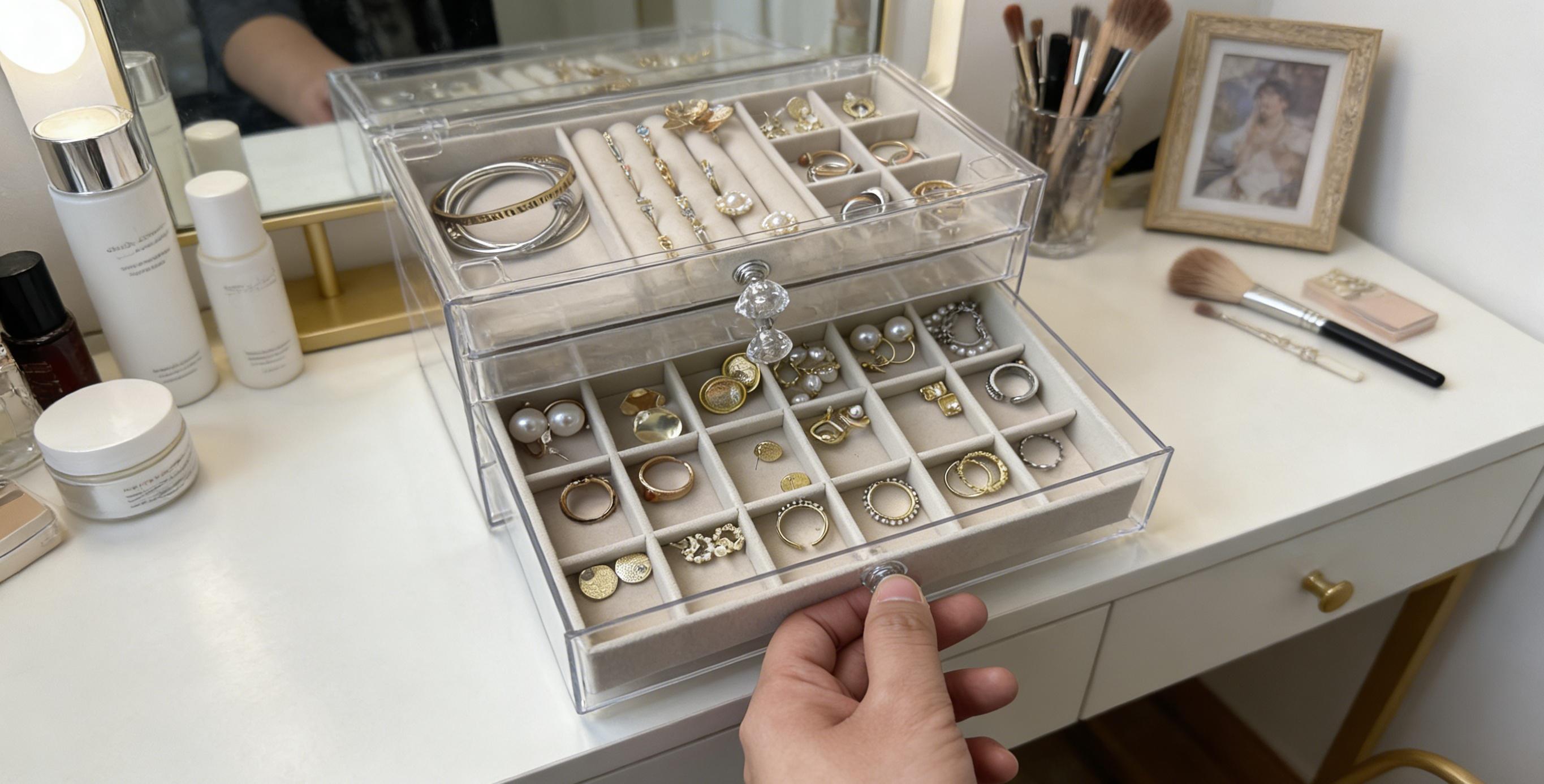 Acrylic Jewelry Organizer Box 5 Drawers Clear Velvet Lined Storage Case with Stackable Design Removable Dividers Tangle Free for Earrings Necklaces Rings Bracelets Vanity Display Box for Women with Cleaning Cloth Acrylic Jewelry Organizer Box 5 Drawers Clear Velvet Lined Storage Case with Stackable Design Removable Dividers Tangle Free for Earrings Necklaces Rings Bracelets Vanity Display Box for Women with Cleaning Cloth