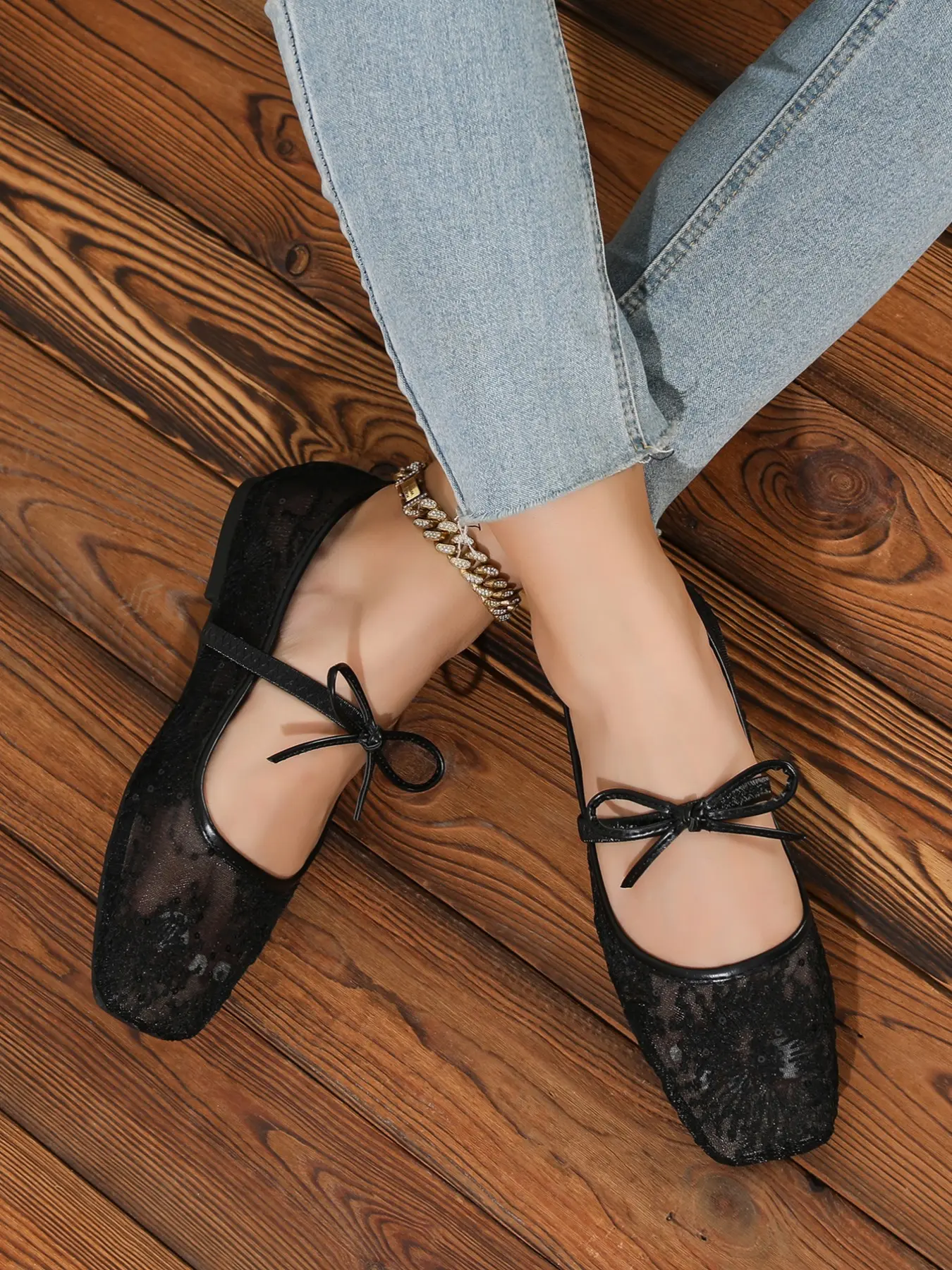 French Lace Sequin Bow Women's Classic Flat Shoes, Breathable Fairy Style, Casual Square Toe, Rubber Sole, Perfect for Dates and Socializing