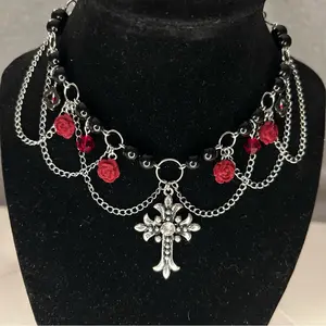 Red and Black Romantic Goth Choker with Roses, Chains, Cross, and Chrome