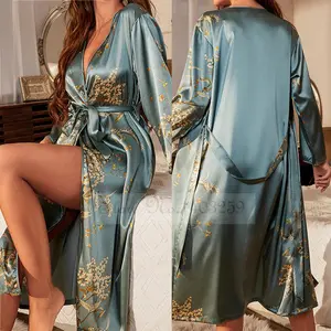 Cherry Floral Print Satin Kimono Robe — Bridal & Bridesmaid