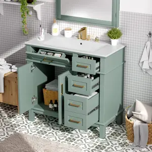36" Light Green Modern Bathroom Vanity with Ceramic Sink, Soft-Close Door, and 4 Storage Drawers , offering a refined look with practical everyday functionality