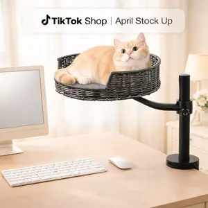 Cat Desk Bed, Desk Mounted Cat Bed with 360° Rotation & Adjustable Height, Rattan Cat Desk Perch for Indoor Cats up to 30 lbs, Space-Saving Desktop Kitty Nest Attachment for Home Office, Work Desk, Study Table, Gaming Desk