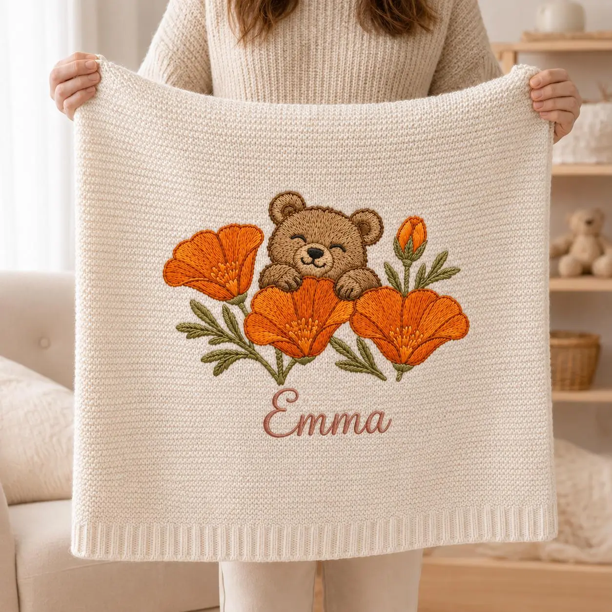 [Made-to-Order] Personalized Embroidered Bear Orange Poppy Baby Blanket, Custom Knit Baby Blanket with Name for Newborn, Floral Woodland Nursery Gift, Newborn Keepsake Gift