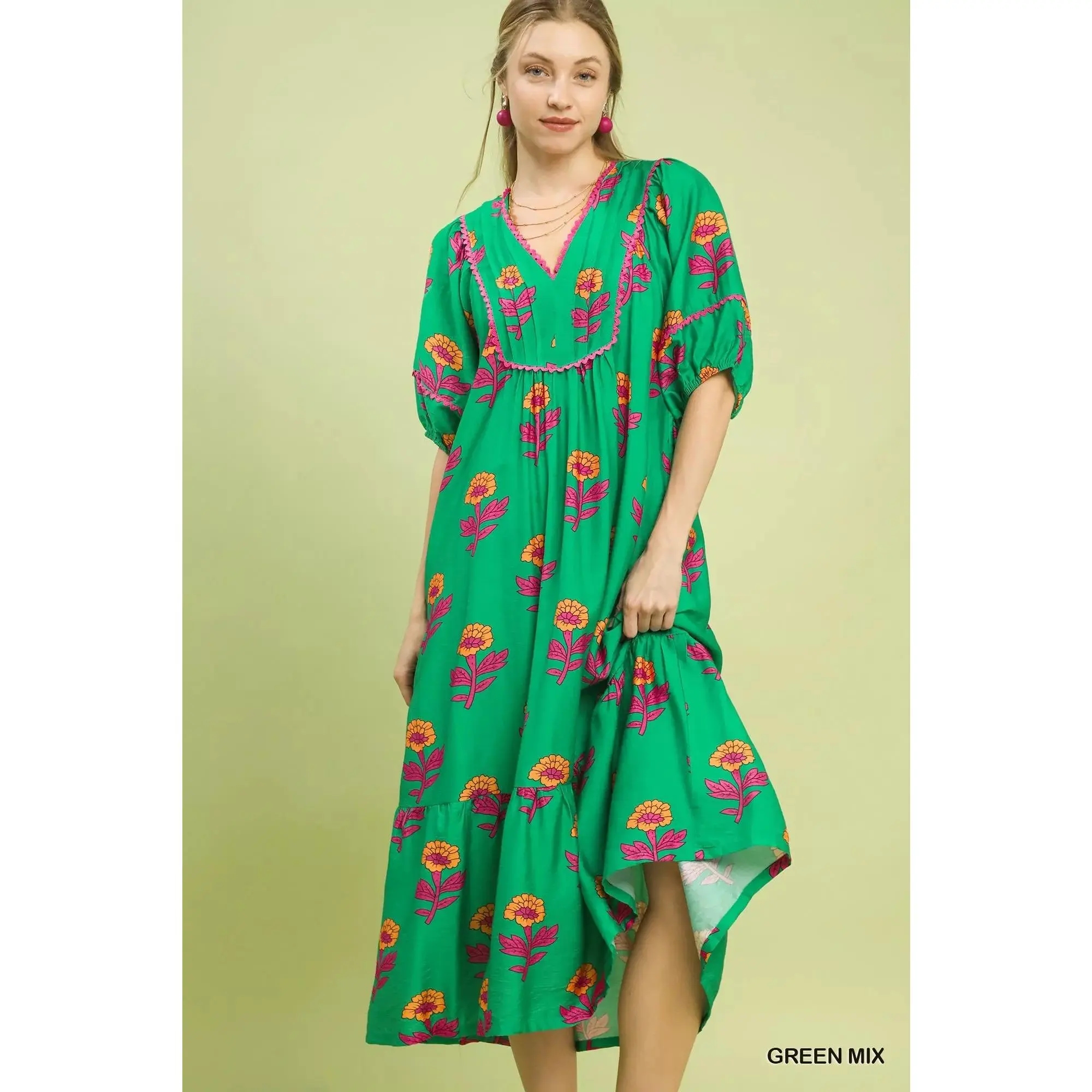 Umgee Floral Print Midi Dress
