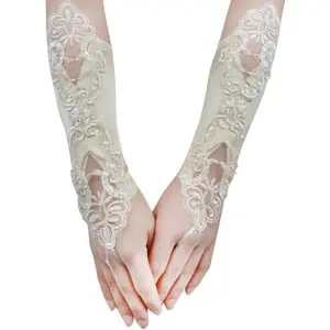 Fingerless Satin 1920s Gloves Women Banquet Party Elegant Lace Embroidered Bridal Mittens 11 Inch