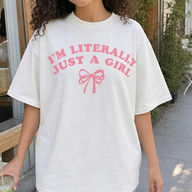 Women's 100% Cotton Crew Neck Loose-Fit Casual Graphic T-Shirt - Pink Bow Print, Funny Sarcastic Plus Size Womenswear Underwear Top, Underwear For Women