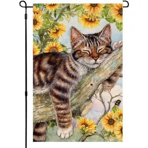 BLKWHT Summer Cat Garden Flag 12x18 Inches Double Sided for Outside, Sunflower Burlap Small Seasonal Yard Flag for Outdoor Decor BW640