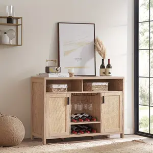 Wine Cabinet with Removable Bottle Rack, Coffee Station with Glass Hanger, Buffet Sideboard Cabinet with Beverage Storage, High Density Fiberboard and Cork Construction, with Extra Shelf-No Electricity Needed